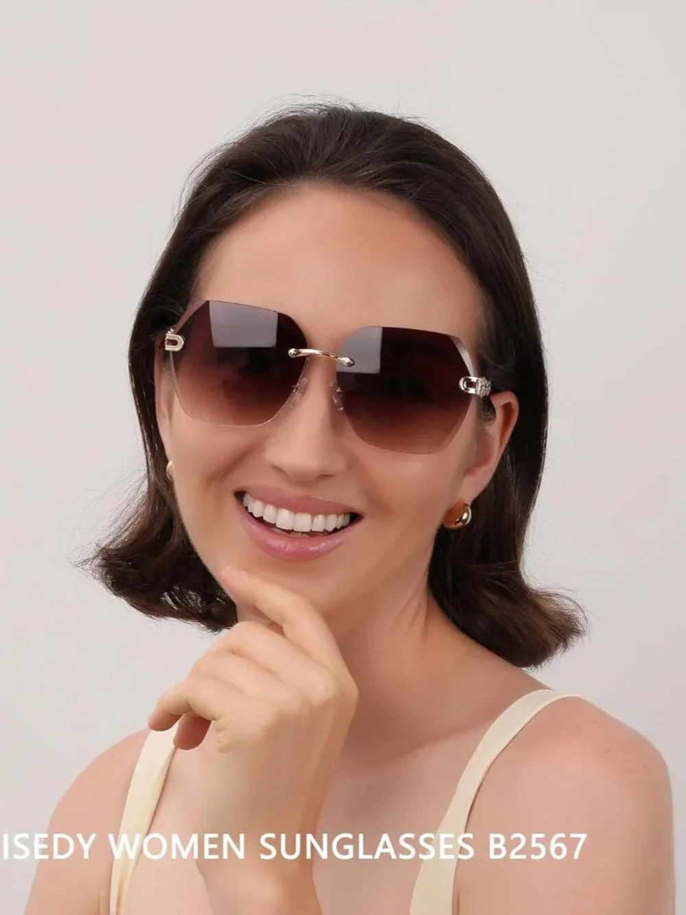 Trendy Women's Rimless Sunglasses in Brown with Elegant Gold Chain Frame